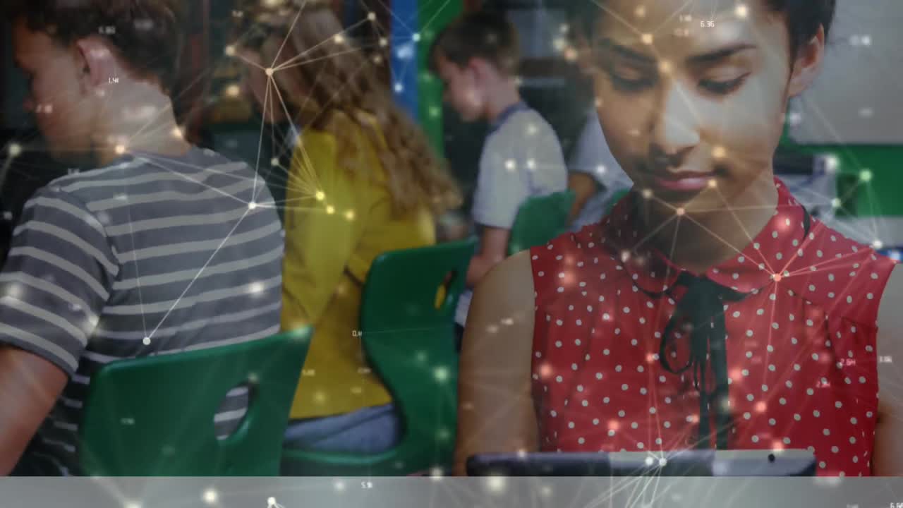Animation of network of connections with female student using tablet