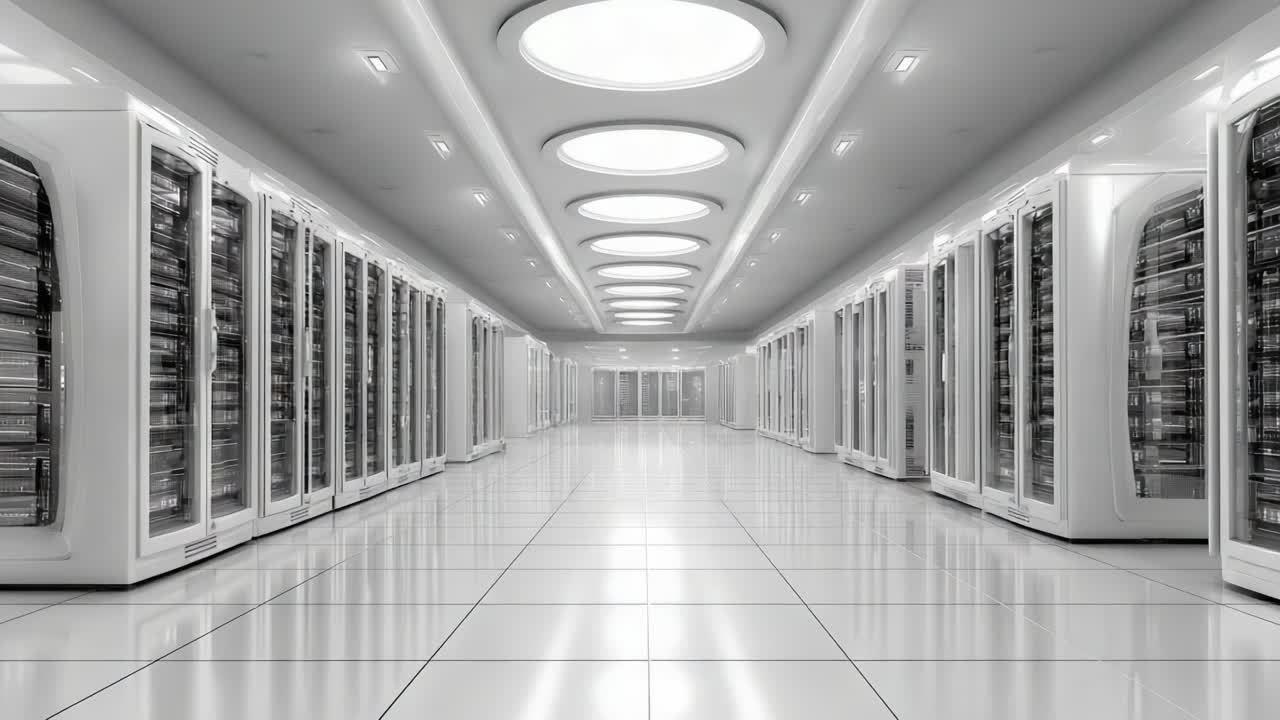 Futuristisk datacenter-interiør med rækker af serverracks og sømløst gulvdesign, belyst af cirkulære ovenlysvinduer, der skaber en moderne æstetik