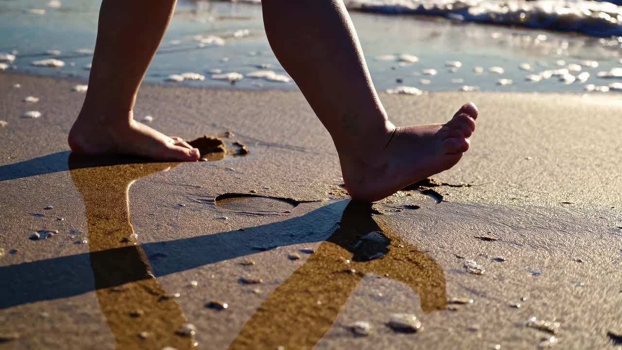Video ravvicinato di piedi che camminano su una spiaggia sabbiosa, che cattura il momento sereno con un angolo basso