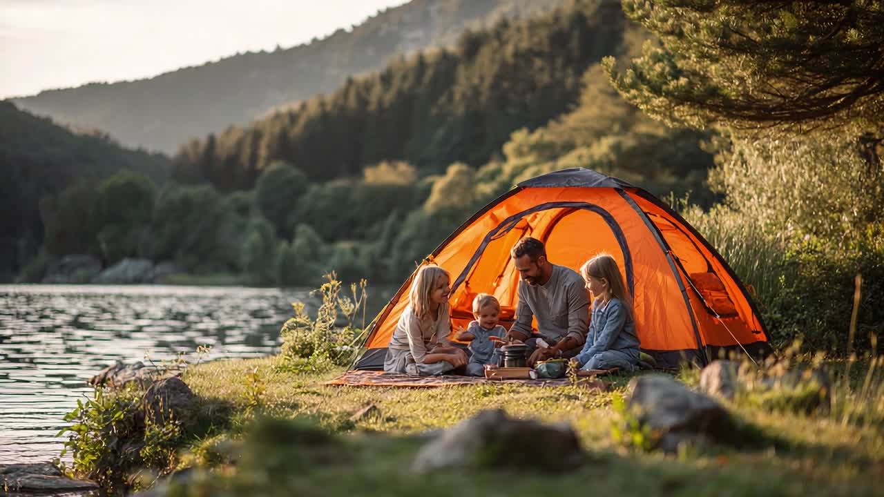 Family enjoys a camping meal by the lakeside in the evening light