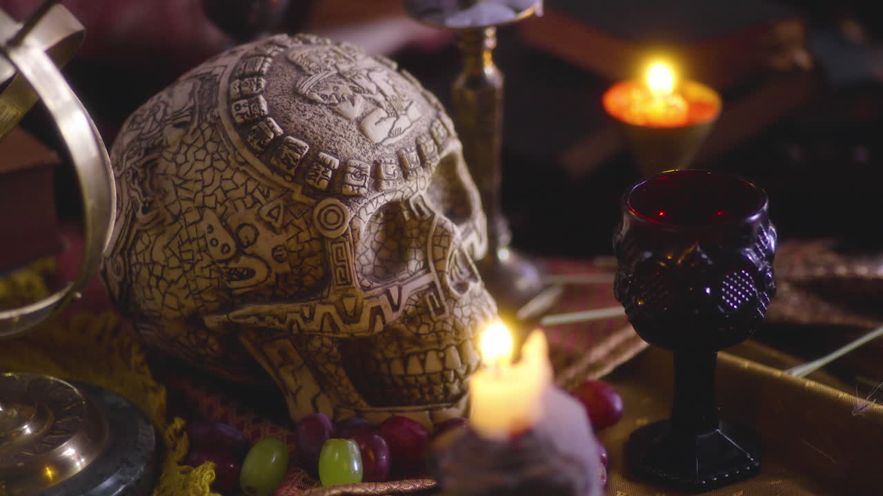 Mysterious Fusion: Aztec Skull on a Renaissance-Inspired Table with Candles