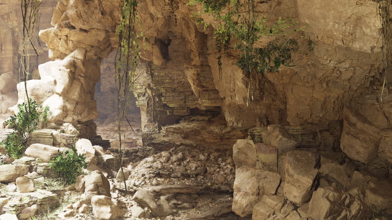 Exploration of an ancient cave filled with natural rock formations and greenery