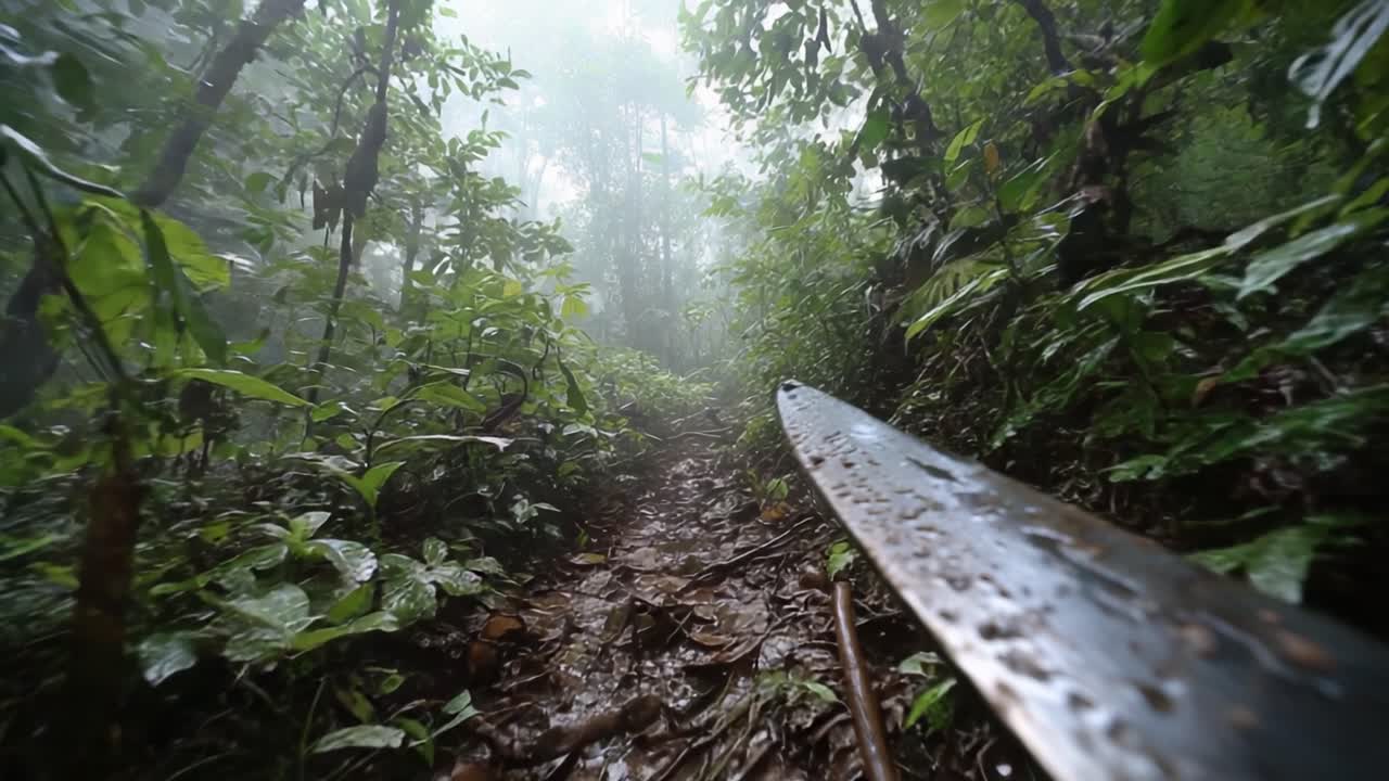 Exploring Uncharted Wilderness: A Journey Through Dense Fog and Lush Greenery, Navigating a Scenic Jungle Path with a Well-Worn Machete in Hand, Surrounded by Nature's Raw Beauty and Serenity