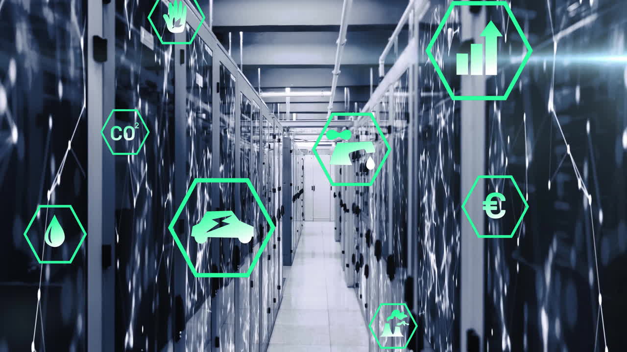 animación de iconos ecológicos y procesamiento de datos digitales a través de servidores informáticos