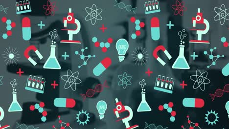 iconos de conceptos científicos que se mueven contra el equipo de laboratorio