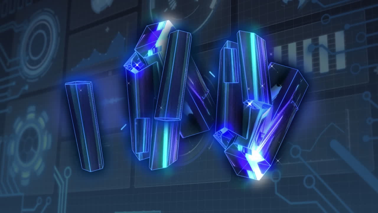 animación de cristales brillantes sobre interfaz digital futurista con elementos de procesamiento de datos