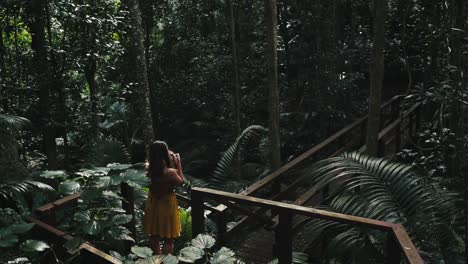 figure of young woman stands, marvels at the beauty of nature and shoots