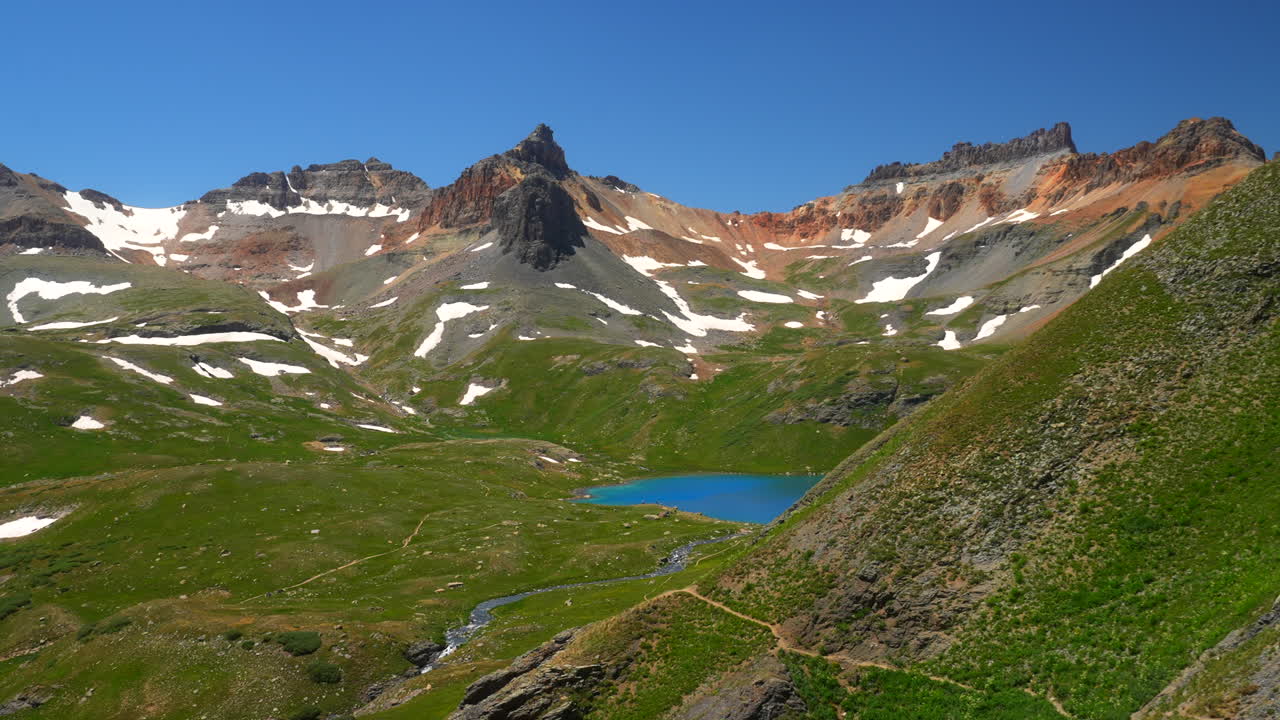 Filmatisk himmelsk paradis, øvre Isø, lyseblå sø i bassin, sti, alpint vildnis, betagende Colorado, Silverton, Telluride, Ouray, Rocky Mountains bjergkæde, sne om sommeren, smuk venstre-panorering