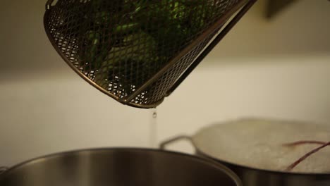 Close-Up---Draining-steamed-green-fresh-broccoli-and-putting-it-on-a-plate