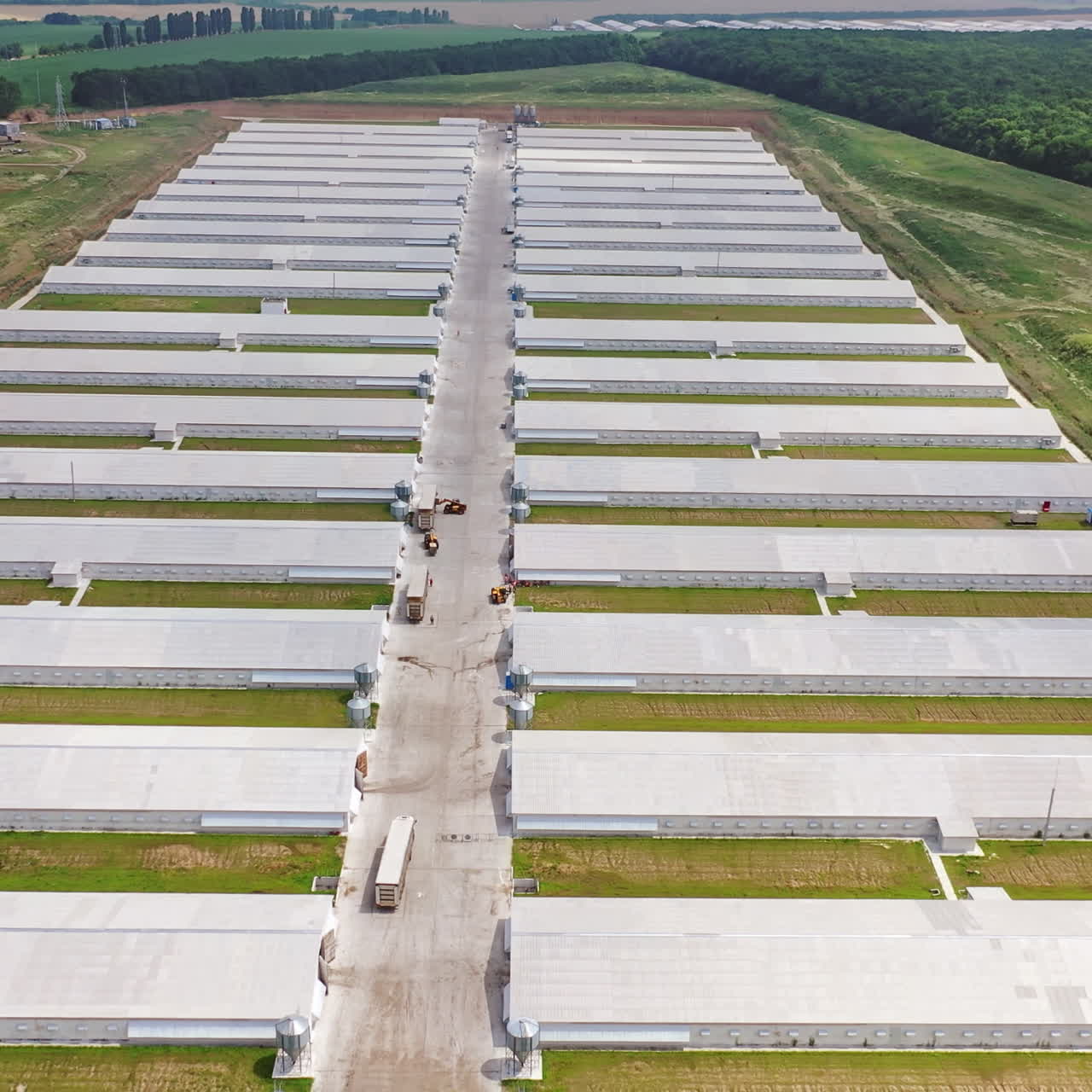 Drone view to modern farm houses in a sunny day. Aerial view of new buildings for farming situated in two lines outdoors. Camera moves back.