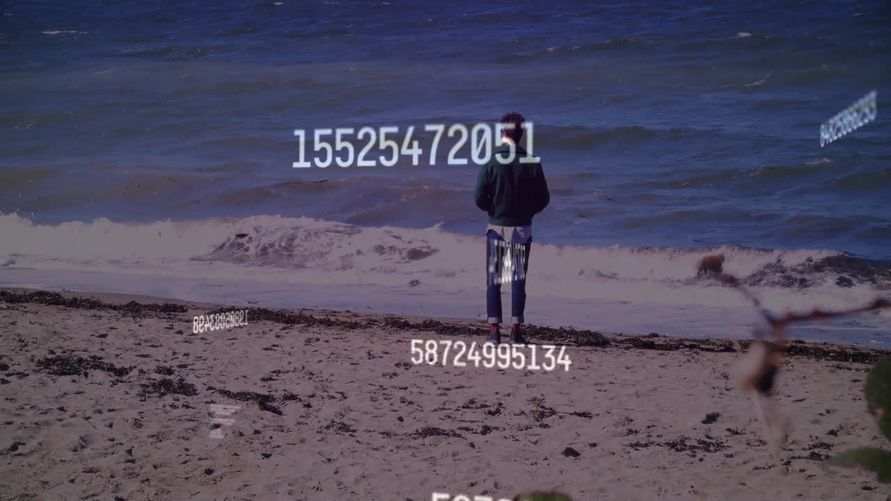 Person standing on beach with numerical data animation over ocean background