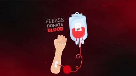 animation of please donate blood text with illustration of person donating blood on red