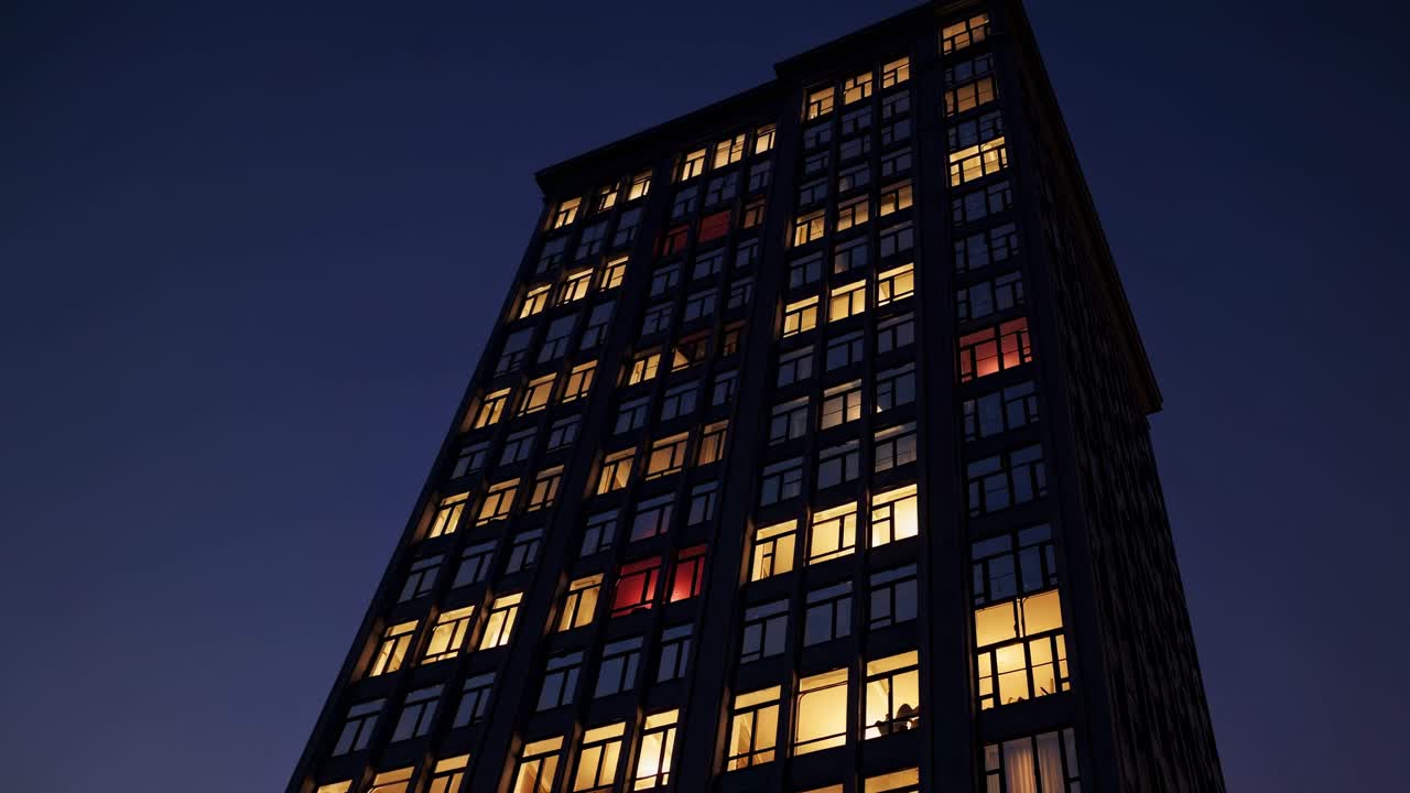 vista nocturna de un edificio moderno de gran altura con ventanas iluminadas