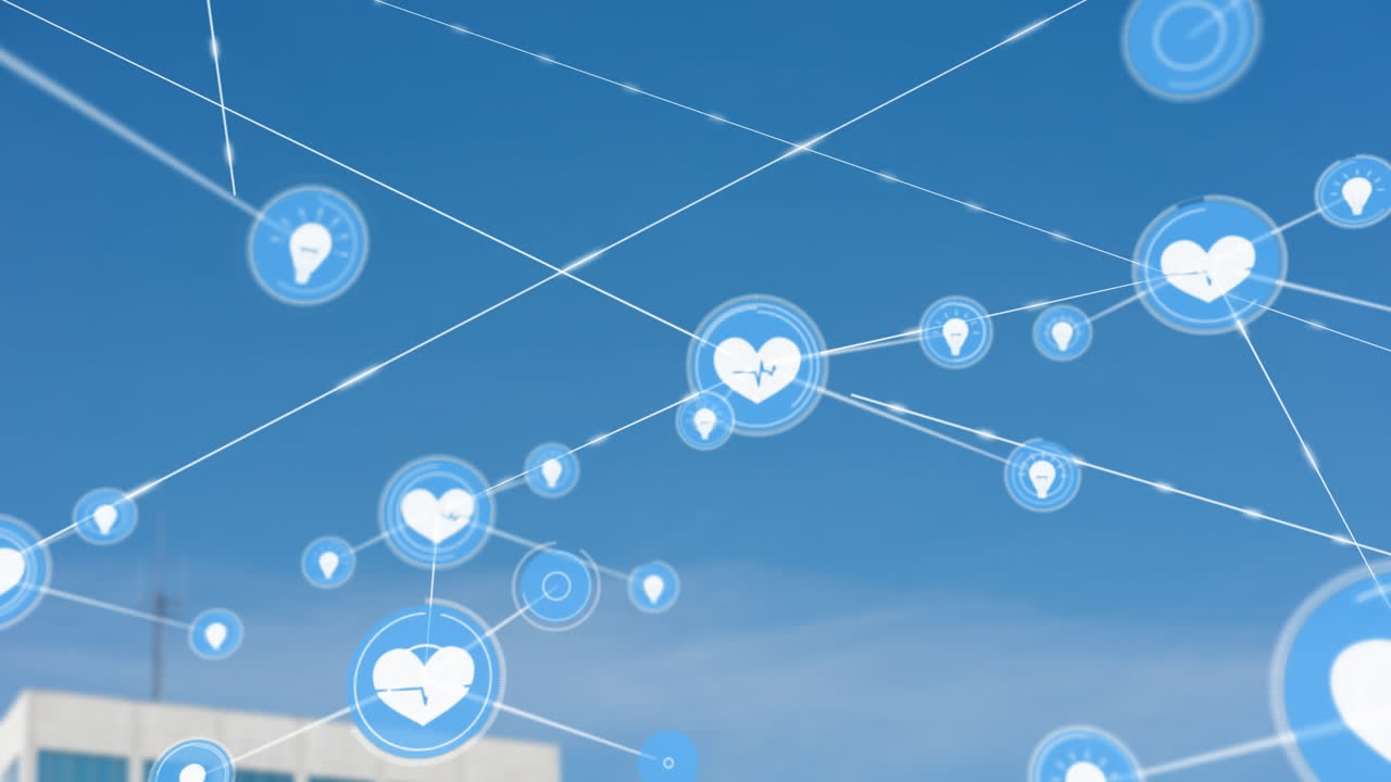 푸른 하늘을 배경으로 디지털 아이콘의 네트워크의 애니메이션