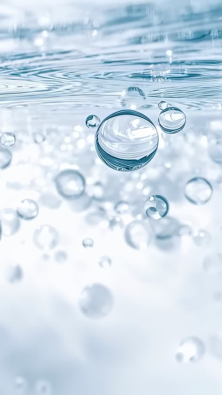 Video verticale: grande bolla in aumento che fluttua verso l'alto sott'acqua, la galleggiabilità spinge le bolle verso l'alto