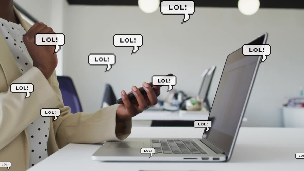 Professional tapping smartphone screen, laptop displaying pixelated LOL bubbles filling tech office
