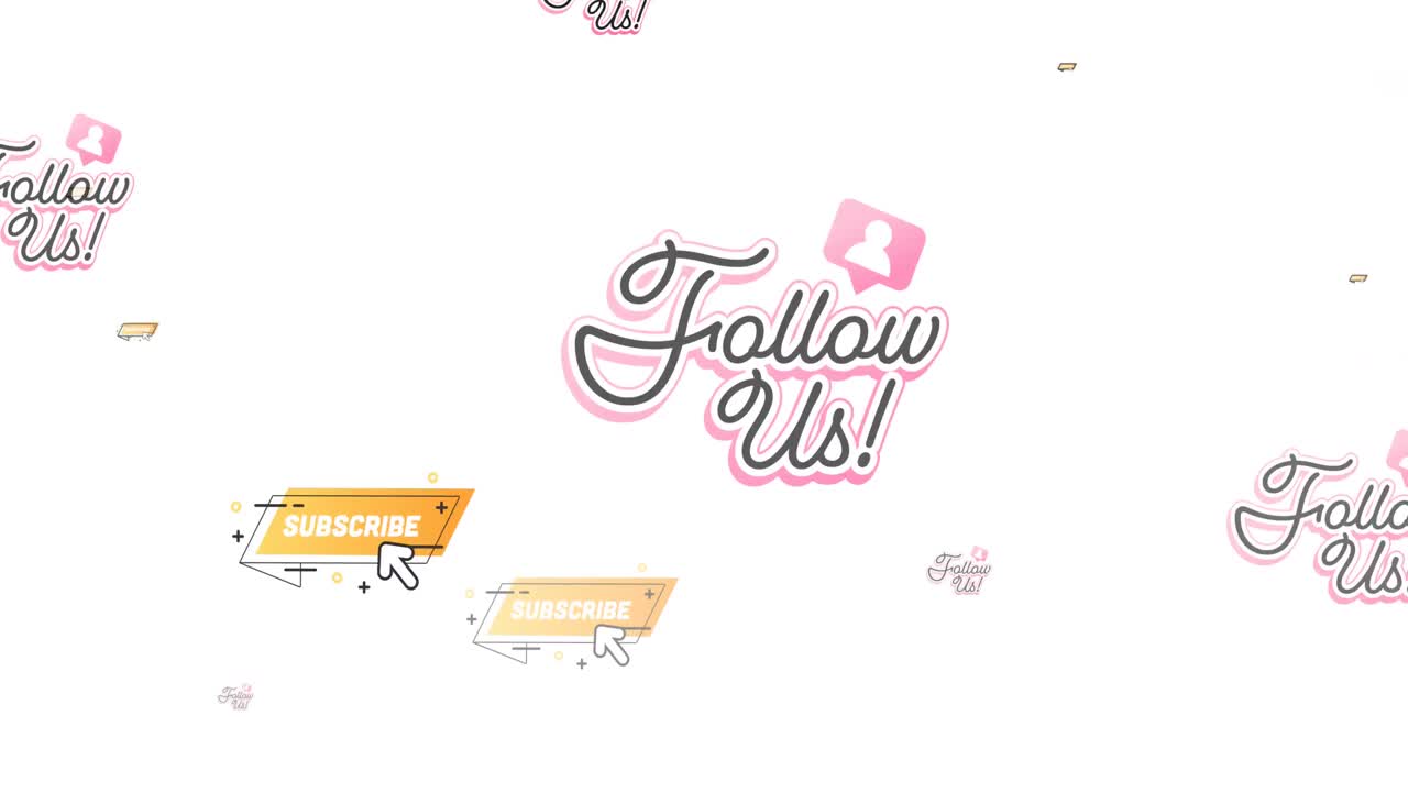 animación de seguirnos y suscribirse texto y iconos de redes sociales sobre fondo blanco