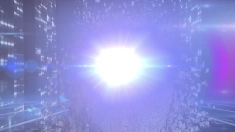 animation of moving columns and light spots over human model on blue background