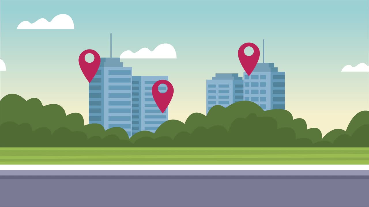 animación de servicio logístico con la ubicación de los alfileres en la ciudad