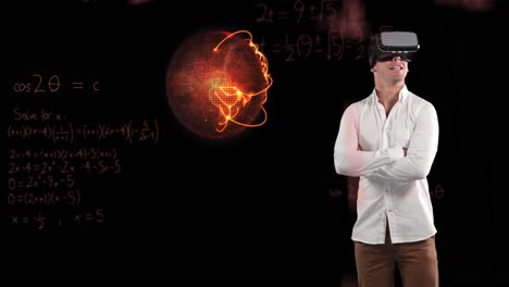 Mathematical-equations-floating-against-spinning-globe-and-man-using-VR-headset