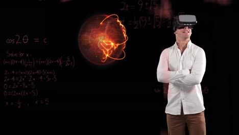 ecuaciones matemáticas flotando contra el globo giratorio y el hombre usando auriculares vr