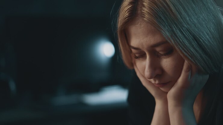 Upset woman leans on palms suffering from hard depression