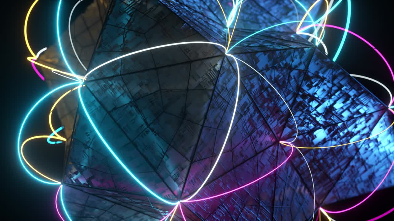 polígono volumétrico abstracto con líneas de neón de conexión en las esquinas. concepto tecnológico. animación 3d de bucle sin costuras