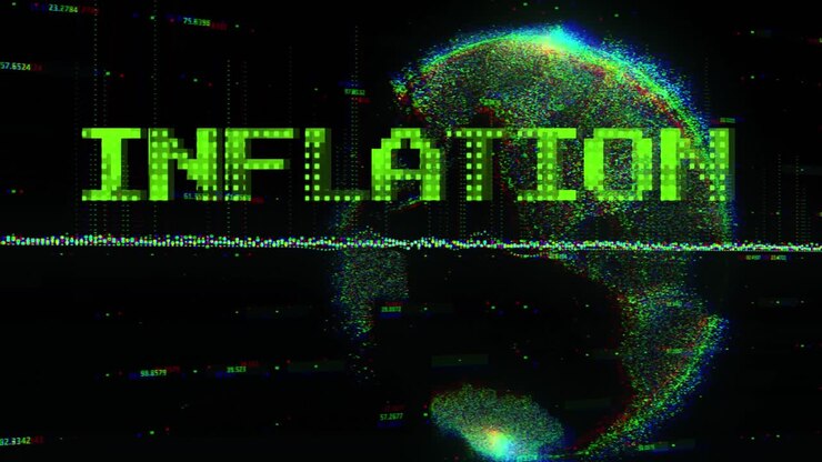 Animation of inflation text in green over global communication network and processing data