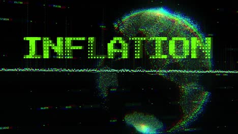 animación del texto de inflación en verde a través de la red de comunicación global y procesamiento de datos