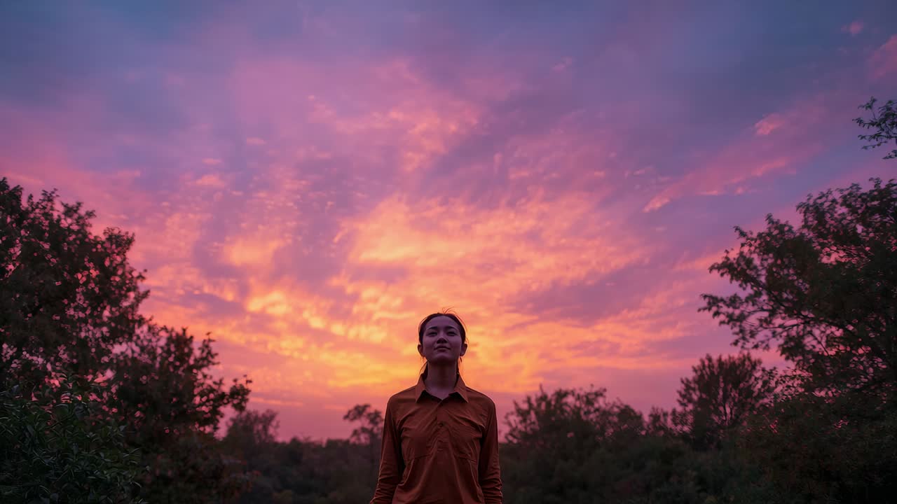 Noticing sunset glow, woman in rust shirt tilting head toward vivid sky above treeline in clearing