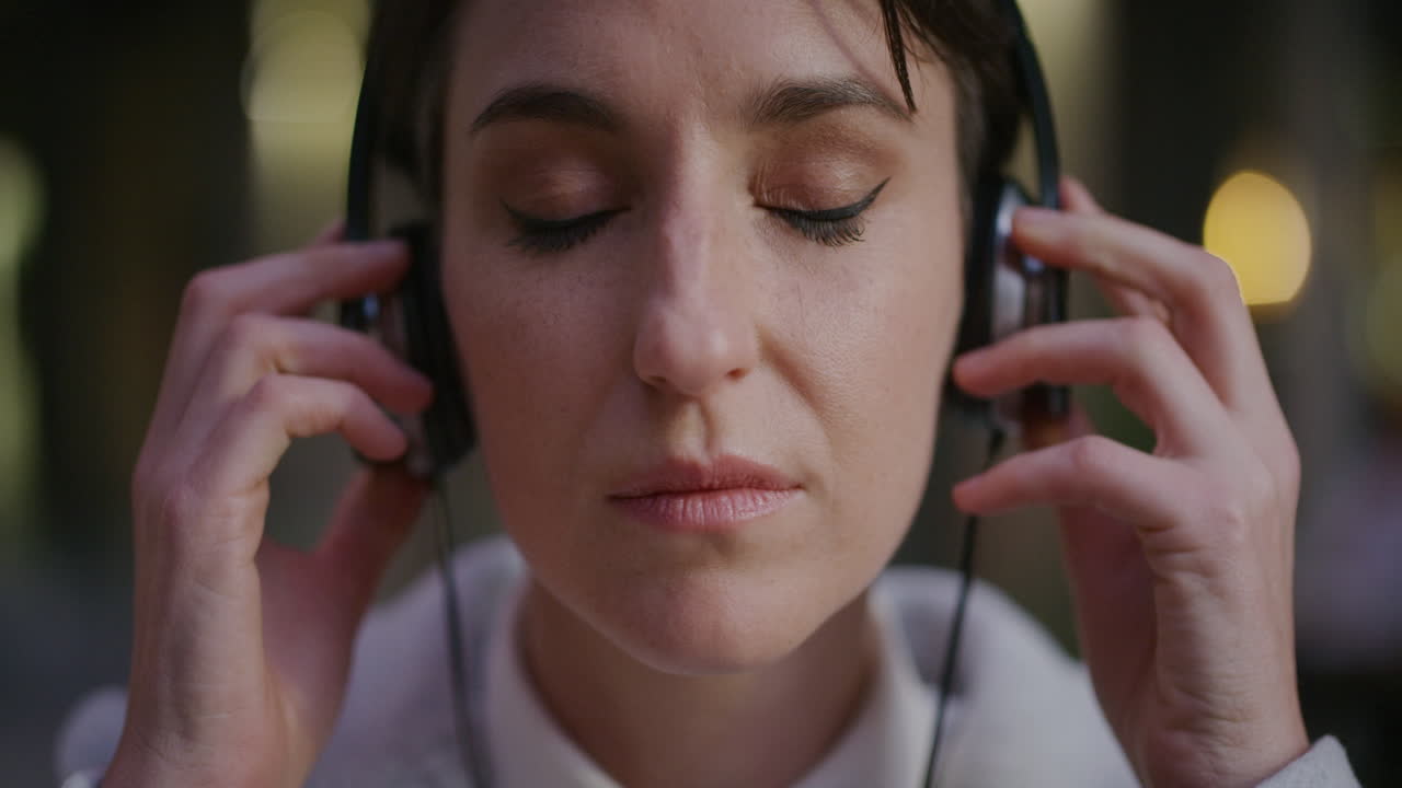 가까운 초상화 매력적인 젊은 여성이 헤드폰을 착용하여 음악을 듣고 긴장을 풀고 느린 움직임의 여가 레크리에이션