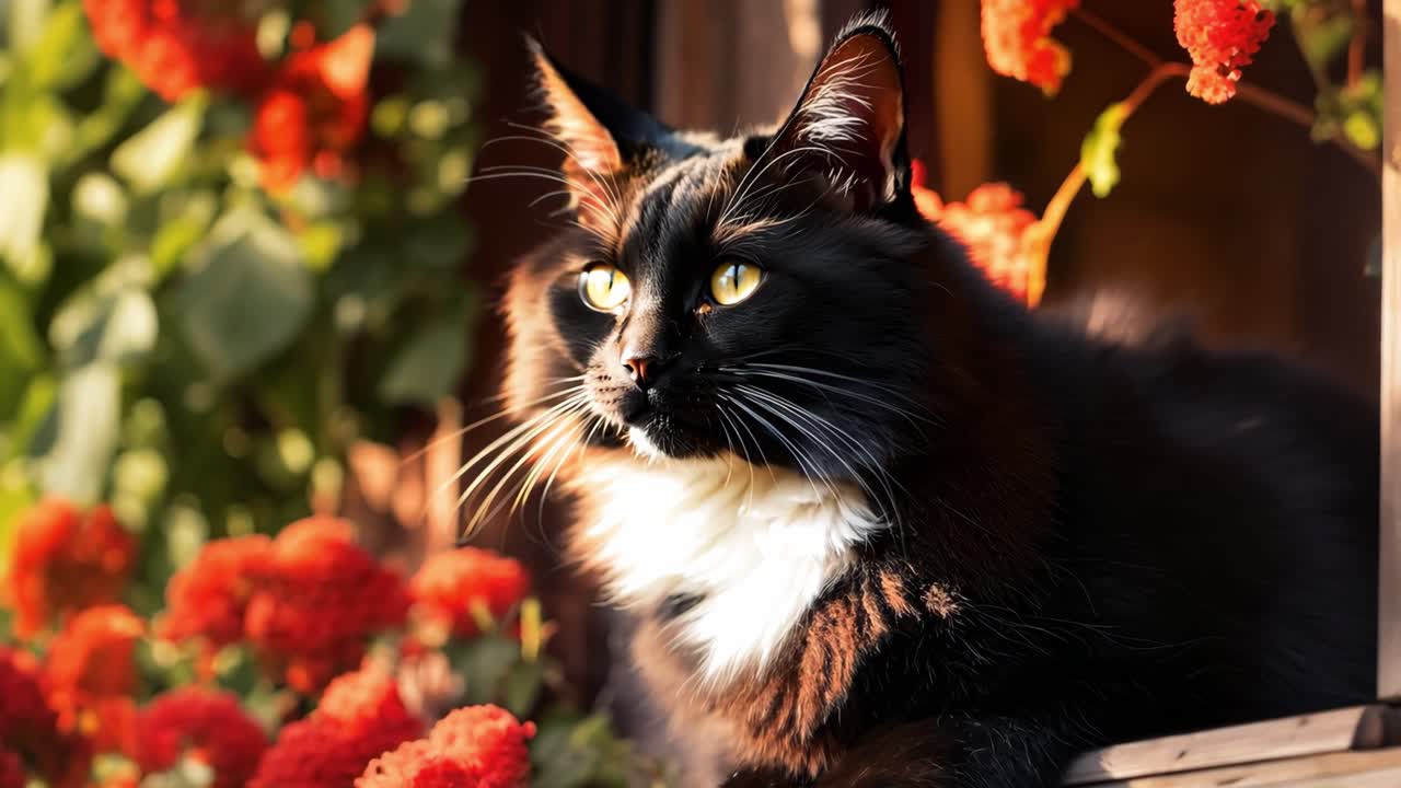 Black cat with white chest and golden eyes resting on a wooden surface near red flowers, enjoying the sunlight filtering through the leaves