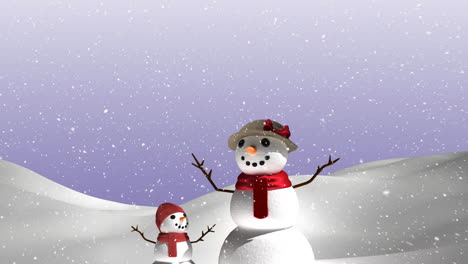 Animation-of-snow-falling-over-snowmen-in-winter-scenery