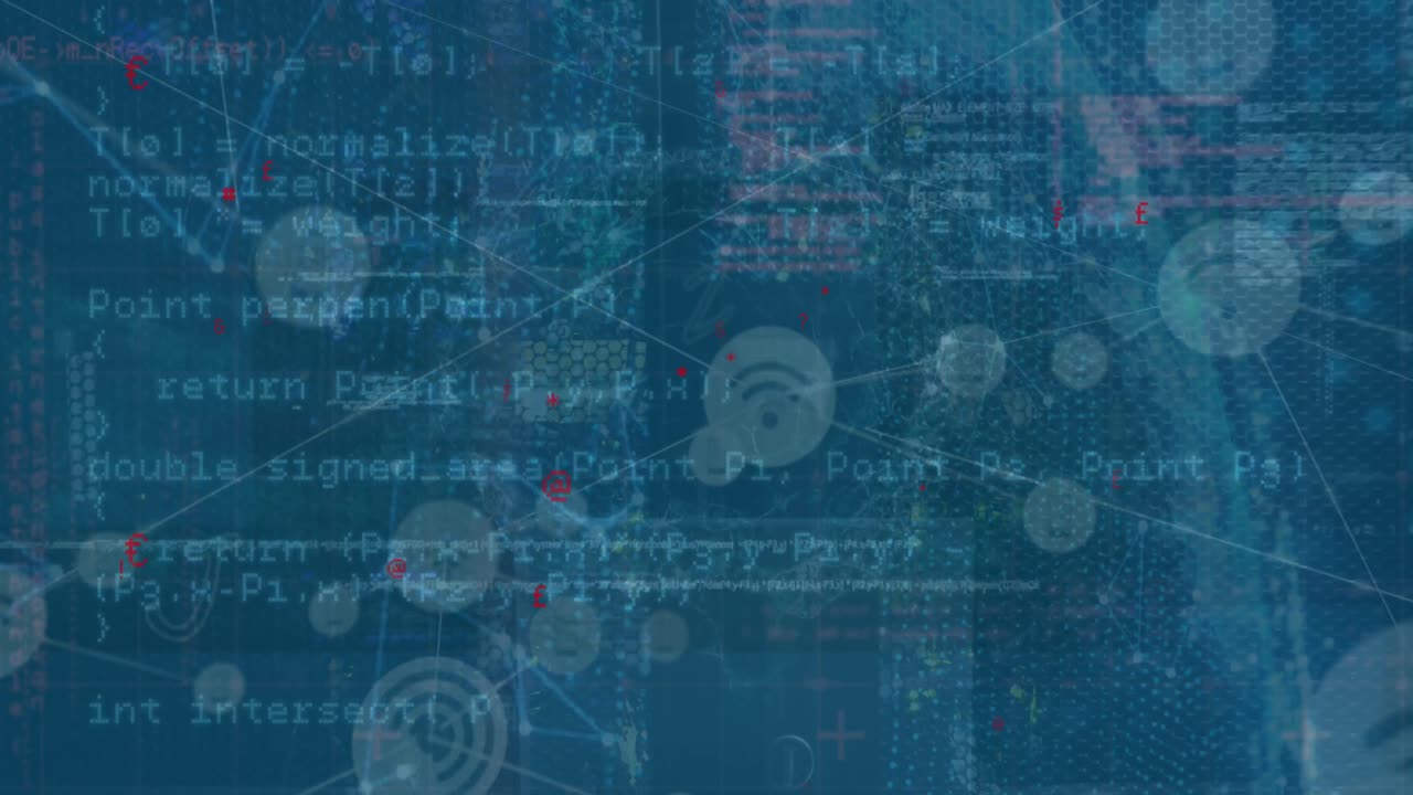 Animation of network of communication icons and data processing on blue background