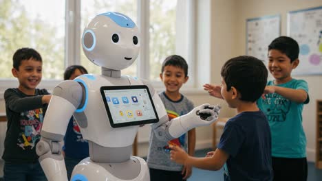 engaging interaction between children and a friendly robot companion in a classroom setting, highlighting the role of technology in education and play