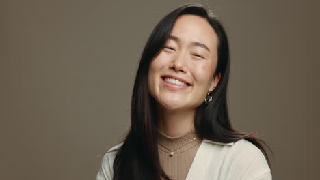 face smile, fashion and asian woman in studio