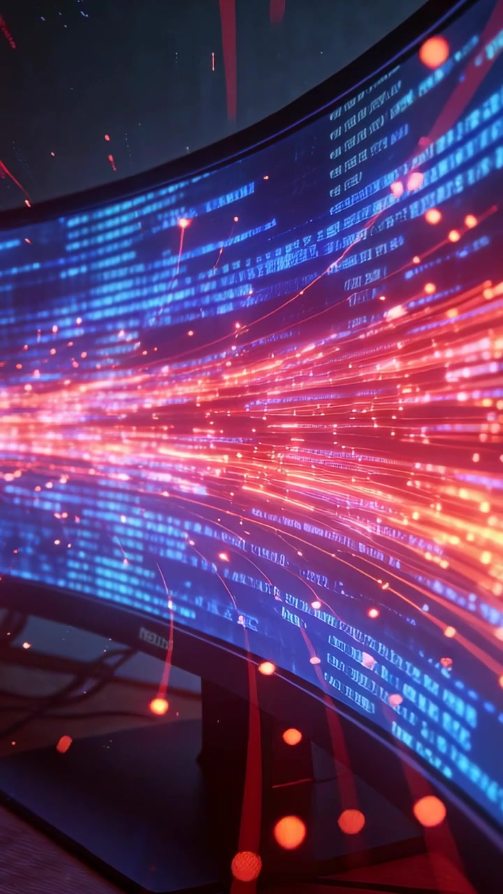 Vertical video: Animation starting on curved monitor at desk showing streaks and code implying flow