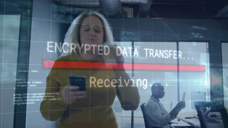 encrypted data transfer animation over people working in modern office setting