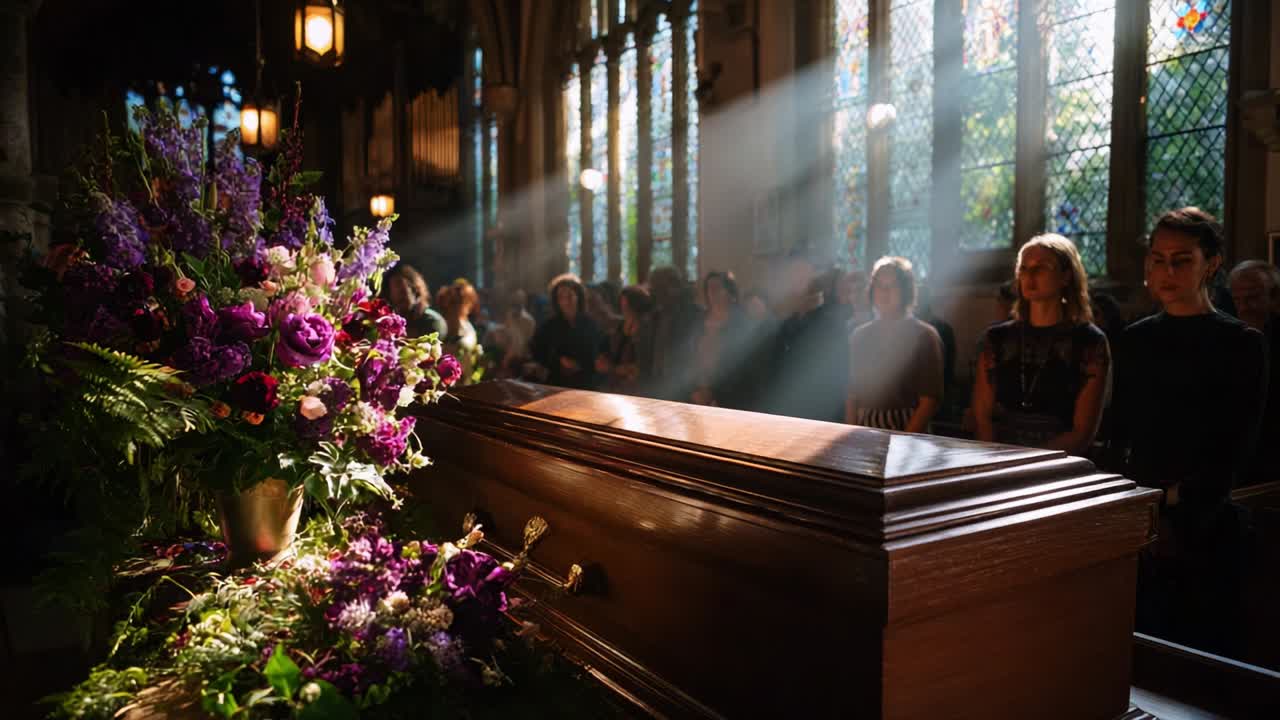 A somber gathering in a beautifully lit chapel where friends and family pay their respects, standing solemnly beside a casket adorned with vibrant floral arrangements and illuminated by soft sunlight streaming through stained glass