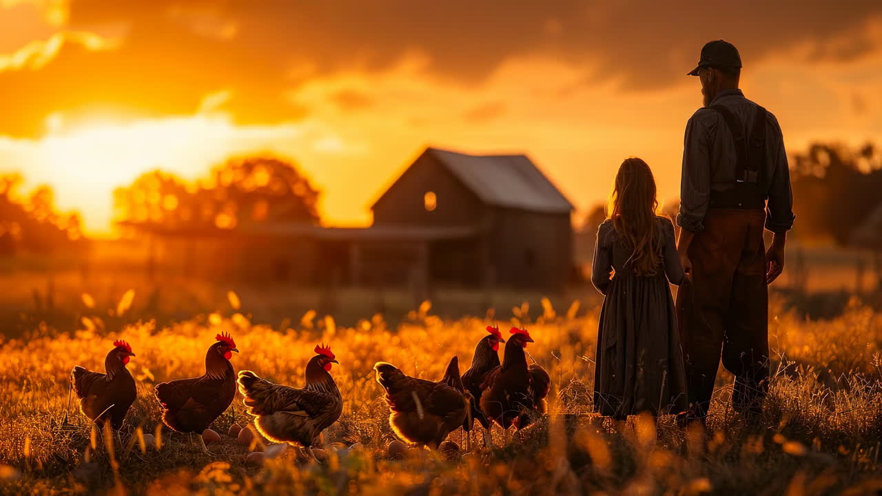 Silhouetted farmer and child at sunset. A farmer and young girl watch chickens roam in a golden field during sunset, with a rustic barn in the background