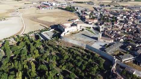 orbital-aerial-view-of-medieval-castle-with-defensive-walls,-forest,-gardens-and-old-houses