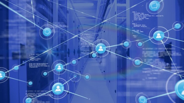 Animation of network of connections and data processing over server room