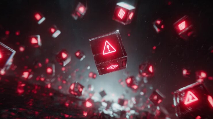 A Haunting Display of Suspense: Floating Red Warning Cubes Surrounded by Darkness Create an Atmosphere of Unsettling Anticipation and Imminent Danger