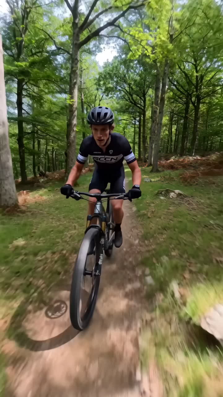 Ciclista che percorre uno stretto sentiero nel bosco. Il ciclista con casco naviga tra radici rocciose ad alta velocità attraverso una faggeta illuminata dal sole.