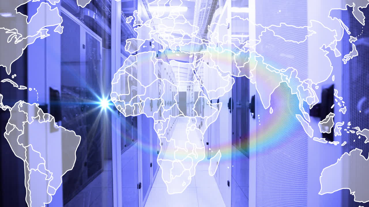 데이터 센터 서버를 통해 세계 지도 애니메이션, 빛의 플레어 및 무지개 효과