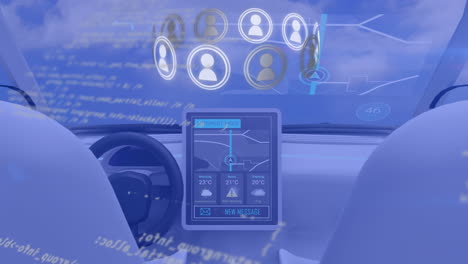 animación de la red con iconos y procesamiento de datos con la cabina del coche sobre fondo azul