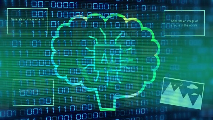 Animation of ai data processing over connections with ai icons and binary coding