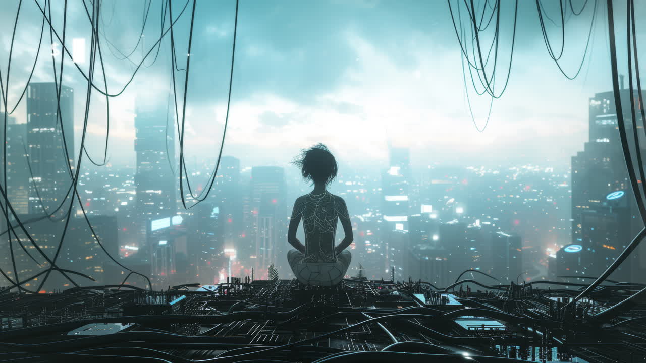 디스토피아 도시 풍경의 로 사이보그는 ai 생성 예술로 만들어졌습니다.