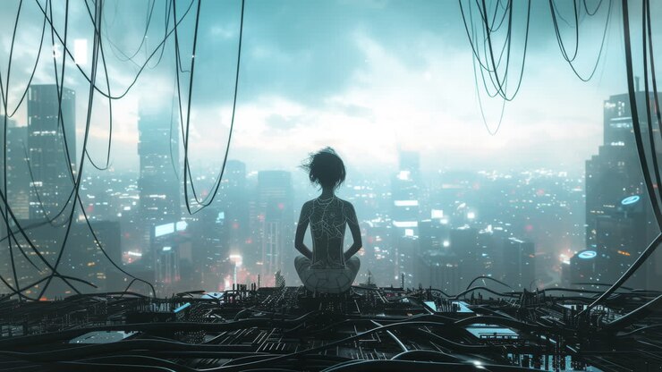 robot cyborg in dystopian cityscape made with AI generative art