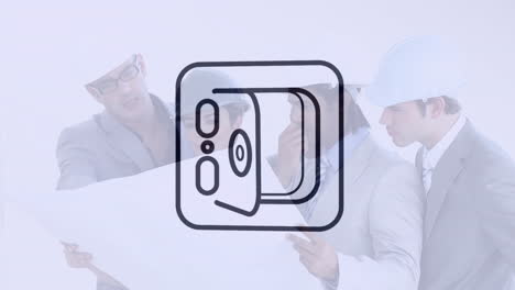 animación de la apertura de la bóveda, signo de dólar y patrón abstracto, diversos ingenieros discutiendo el plan